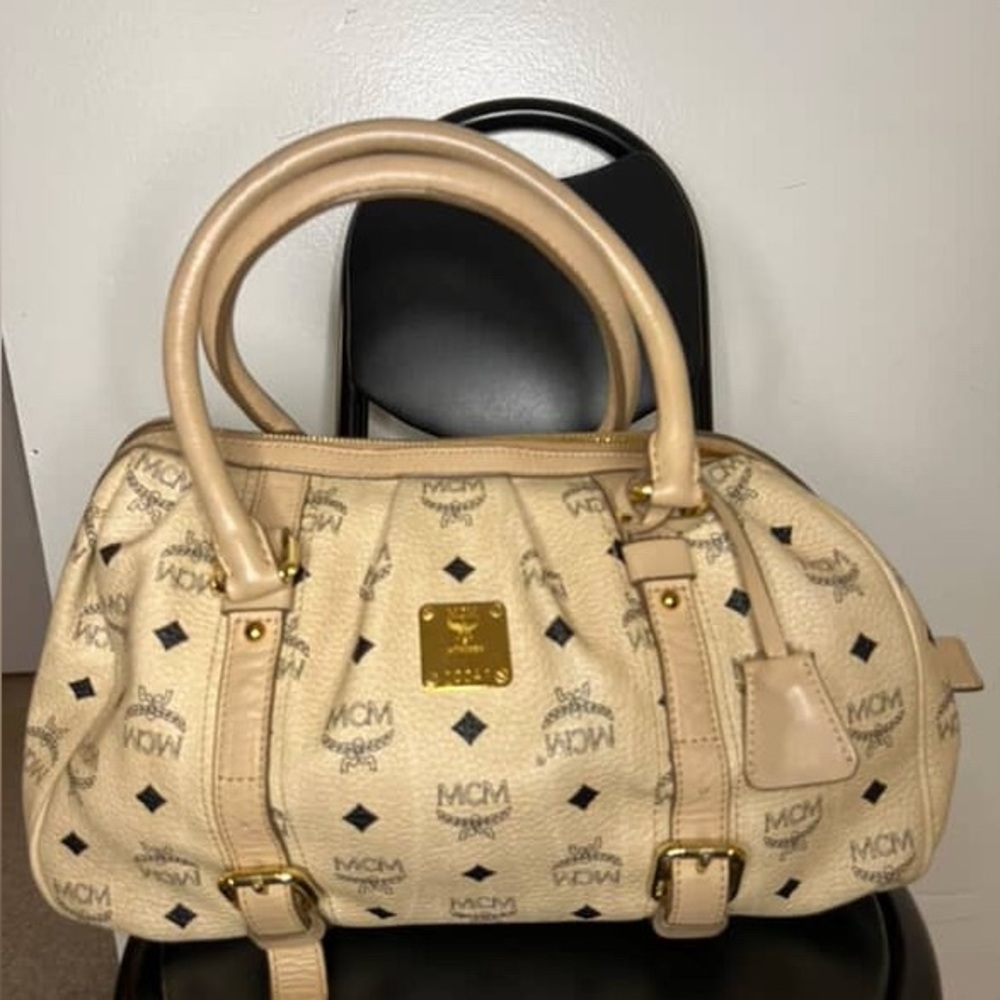 MCM Visetos Beige Boston Satchel with Gold Hardware – Preloved